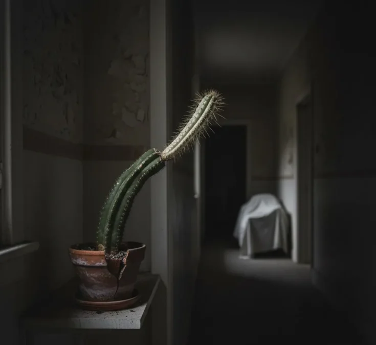 Cacto longo e fino com crescimento inclinado e coloração pálida, em um vaso de barro quebrado, colocado em um corredor escuro e sem janelas, ilustrando o estiolamento.