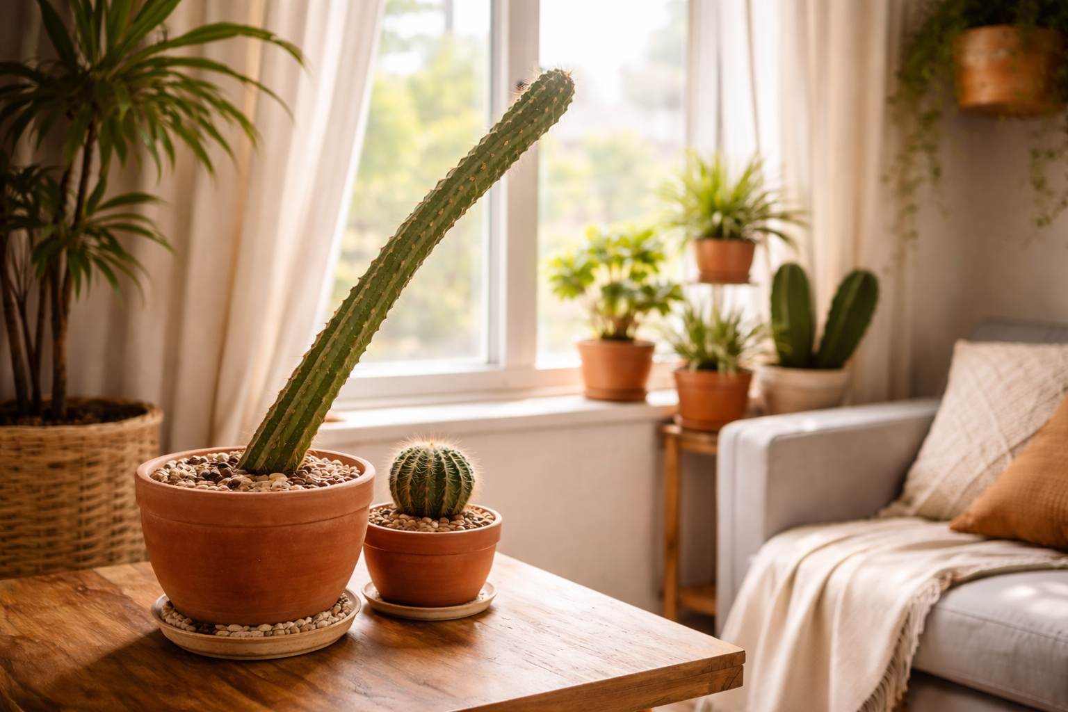 Por que o cacto fica alongado e fino dentro de casa