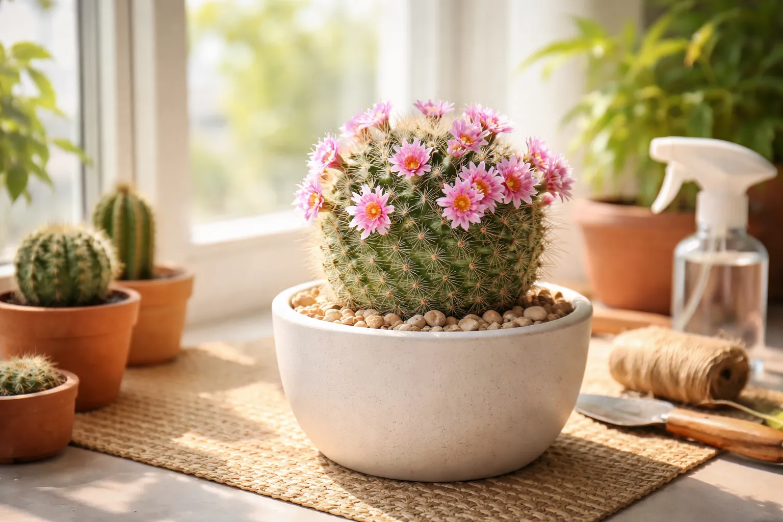 Cactos dão flores em ambiente doméstico iluminado