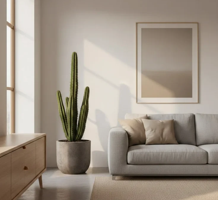 Cacto grande em vaso de cimento queimado sobre aparador de madeira clara em sala de estar moderna, com luz natural e sofá cinza.