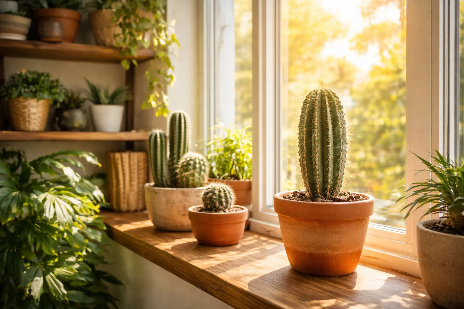 Cactos precisam de sol direto todos os dias recebendo luz em janela ensolarada