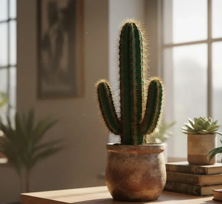 Cacto verde-escuro vibrante em vaso de cerâmica sob luz natural.