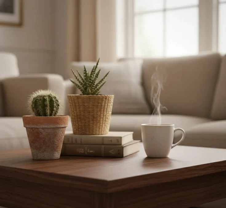 Dois cactos pequenos em vasos de barro e palha sobre uma mesa de centro de madeira escura, com livros e uma xícara, em uma sala aconchegante.