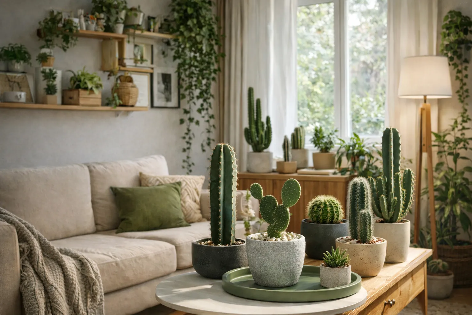 Cactos servem para decoração em sala moderna com estilo urban jungle
