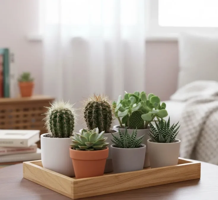 Uma composição harmoniosa de diferentes tipos de cactos e suculentas em uma bandeja organizadora de madeira, com iluminação natural suave e um fundo que sugere um ambiente de sala ou varanda.
