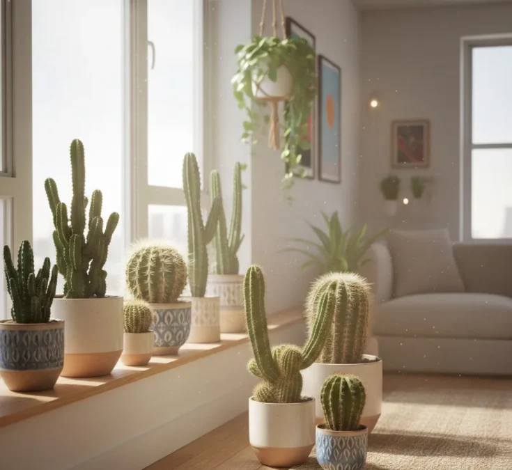 Cactos saudáveis em vasos decorativos, recebendo luz solar intensa perto de uma janela.