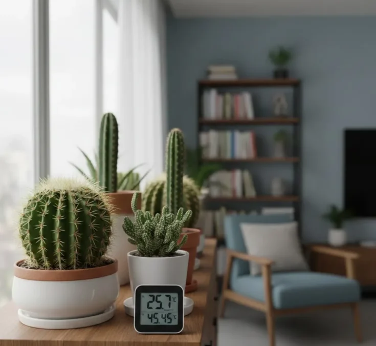 Cactos saudáveis em vasos de cerâmica e plástico, exibindo um termômetro digital de plantas em uma mesa de madeira clara, com uma janela e sala de estar desfocada ao fundo.