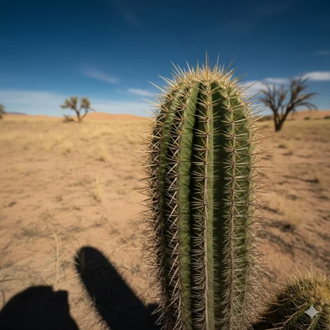 Cacto robusto e saudável sob luz solar direta intensa, com um fundo desértico.