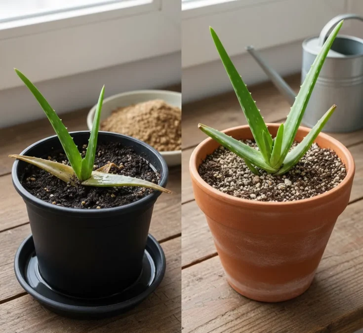 Dois vasos de babosa: um em vaso de plástico com prato acumulando água e outro em vaso de barro com solo seco e bem drenado.