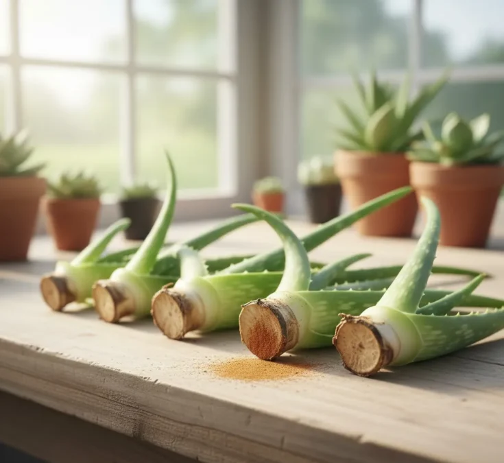Mudas de babosa recém-separadas, dispostas em uma superfície seca e ventilada por 24 horas para cicatrizar, com foco na base cortada.