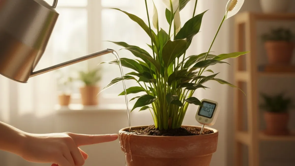 Pessoa regando Lírio-da-paz em vaso com auxílio de um medidor de umidade digital em ambiente iluminado.