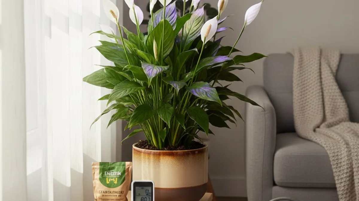 Lírio-da-paz florido em uma sala aconchegante, posicionado próximo a uma janela com luz filtrada e recebendo iluminação complementar de uma lâmpada de cultivo.
