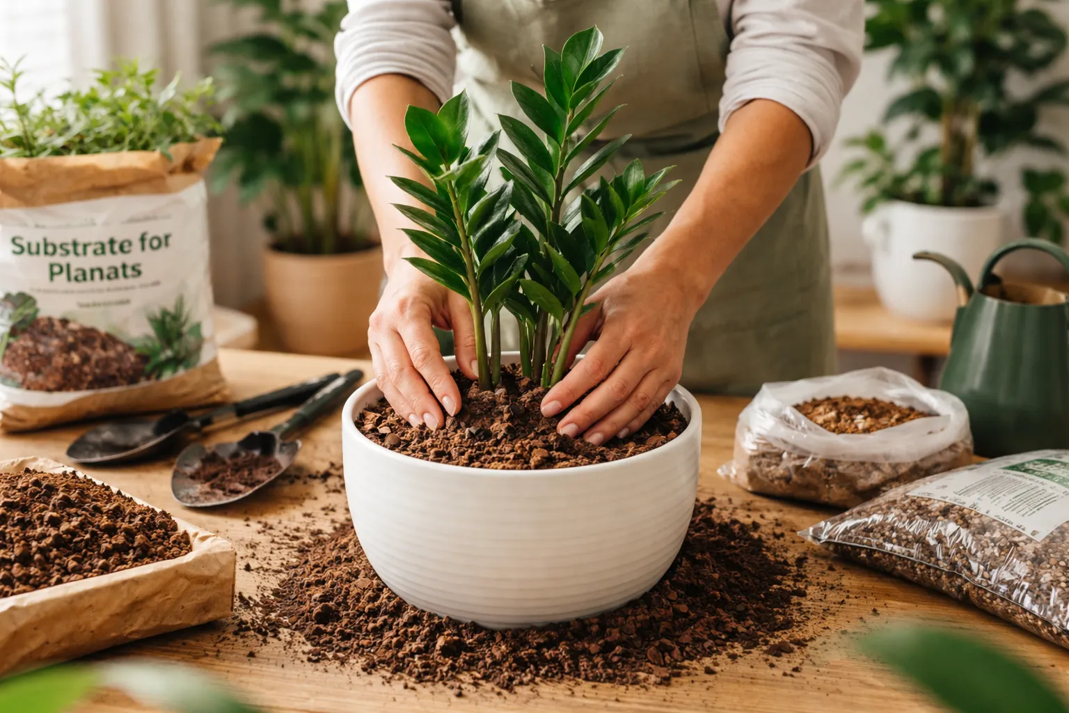 Plantio correto da zamioculca em vaso com solo drenável