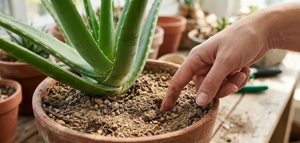 Close-up de um dedo inserido 3 cm na terra seca de um vaso de Babosa, demonstrando como verificar se a planta precisa de água. Estilo realista.