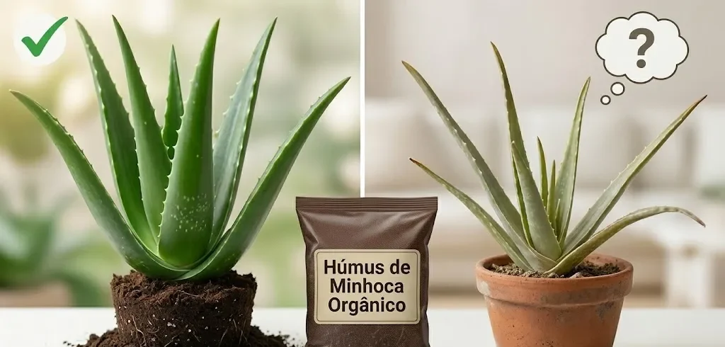 Uma imagem dividida lado a lado mostrando a diferença entre uma planta de Aloe Vera saudável e adubada com húmus de minhoca (à esquerda, com um check-mark verde) e uma Aloe Vera subnutrida e pálida em um vaso de cerâmica (à direita, com um ponto de interrogação).