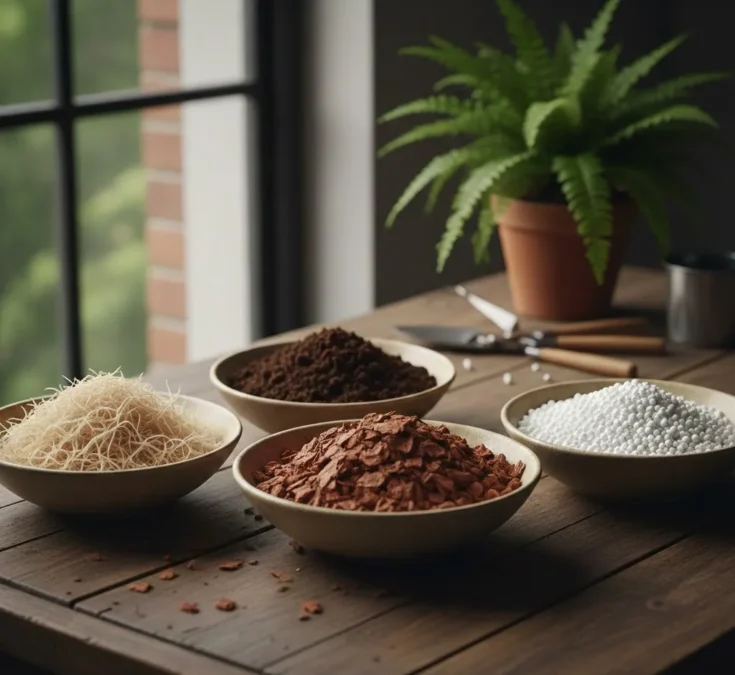 Ingredientes da mistura de substrato para samambaia, como fibra de coco, húmus de minhoca, casca de pinus e perlita, dispostos separadamente em recipientes sobre uma mesa rústica.