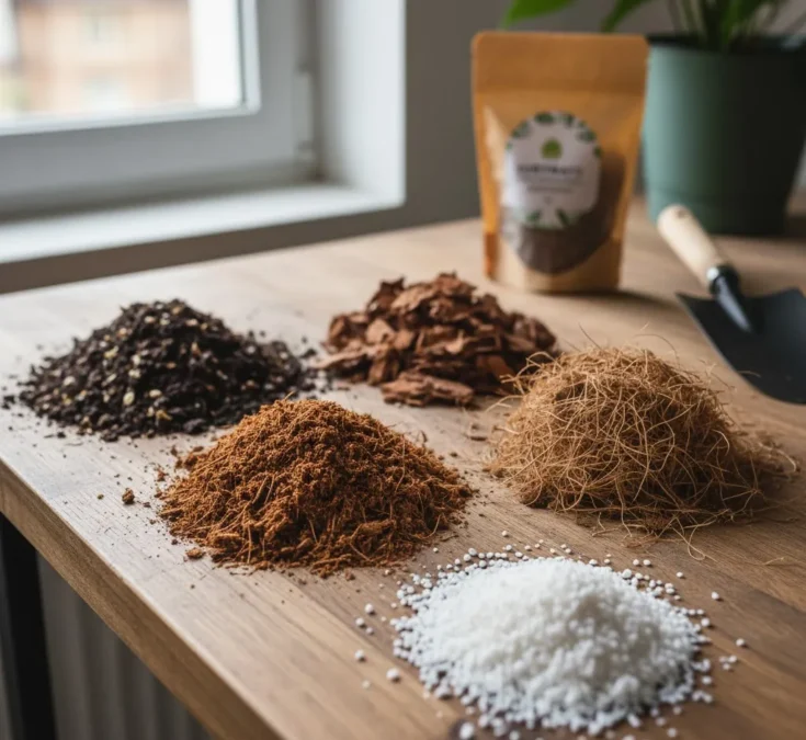 Ingredientes para o substrato ideal da Costela-de-adão: substrato orgânico, casca de pinus, fibra de coco e perlita, dispostos em pequenas pilhas sobre uma superfície de madeira, prontos para serem misturados.