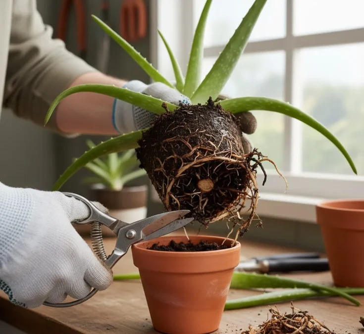 Mãos removendo a babosa do vaso e cortando raízes escuras e moles com uma tesoura esterilizada, expondo o interior do vaso com terra úmida.