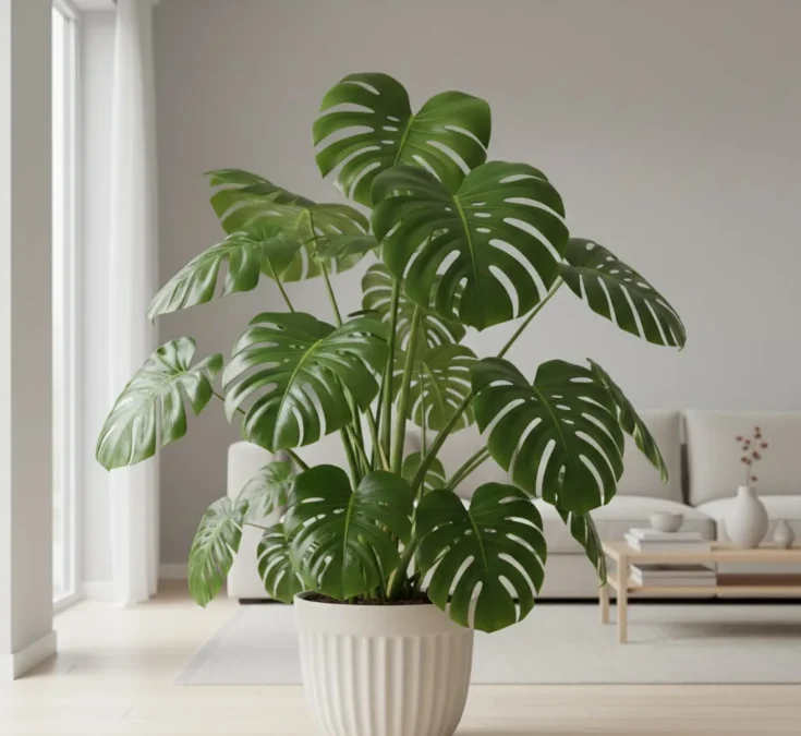 Uma Costela-de-adão grande e saudável com folhas verdes brilhantes, recebendo luz natural em um ambiente de sala de estar moderno.
