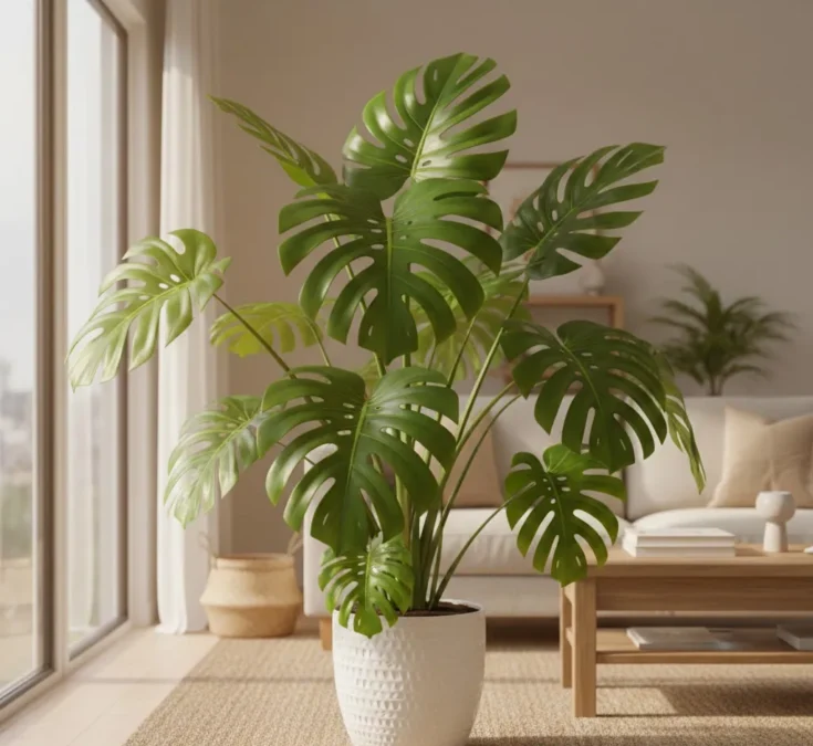 Uma exuberante Costela-de-Adão (Monstera deliciosa) com folhas grandes e verdes vibrantes, em um ambiente interno bem iluminado, transmitindo uma sensação de calma e bem-estar.