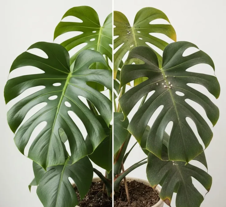 Uma imagem dividida mostrando uma Costela-de-adão exuberante e saudável à esquerda, e à direita, a mesma planta com sinais de pragas como cochonilhas brancas e folhas amareladas, para ilustrar o contraste entre um cultivo equilibrado e um desequilibrado.