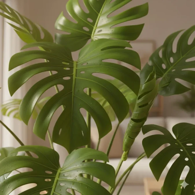 Detalhe das folhas de uma Costela-de-Adão com os recortes característicos, mostrando a expansão e o crescimento da planta, associada à prosperidade e vitalidade no Feng Shui.