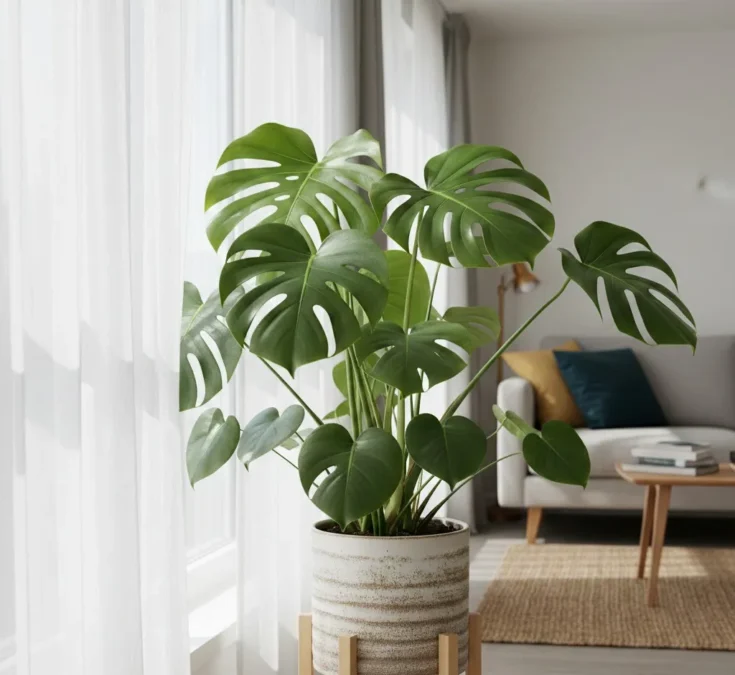 Uma planta Costela-de-Adão saudável posicionada perto de uma janela com luz indireta, destacando suas folhas grandes e verdes em um ambiente interno.