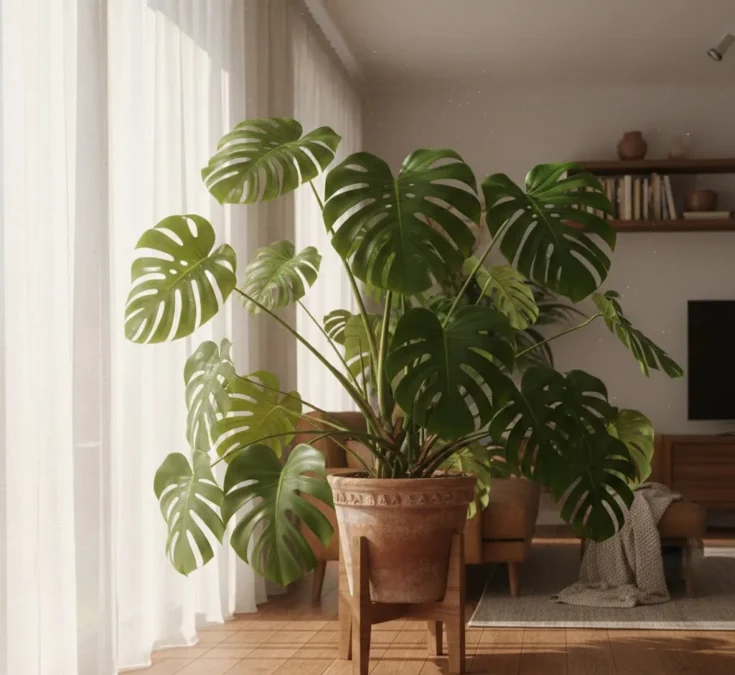 Uma Costela-de-adão (Monstera deliciosa) exuberante, com folhas grandes e verdes, posicionada em um ambiente interno bem iluminado por luz natural filtrada, próxima a uma janela com cortina translúcida, mostrando a iluminação ideal para a planta.