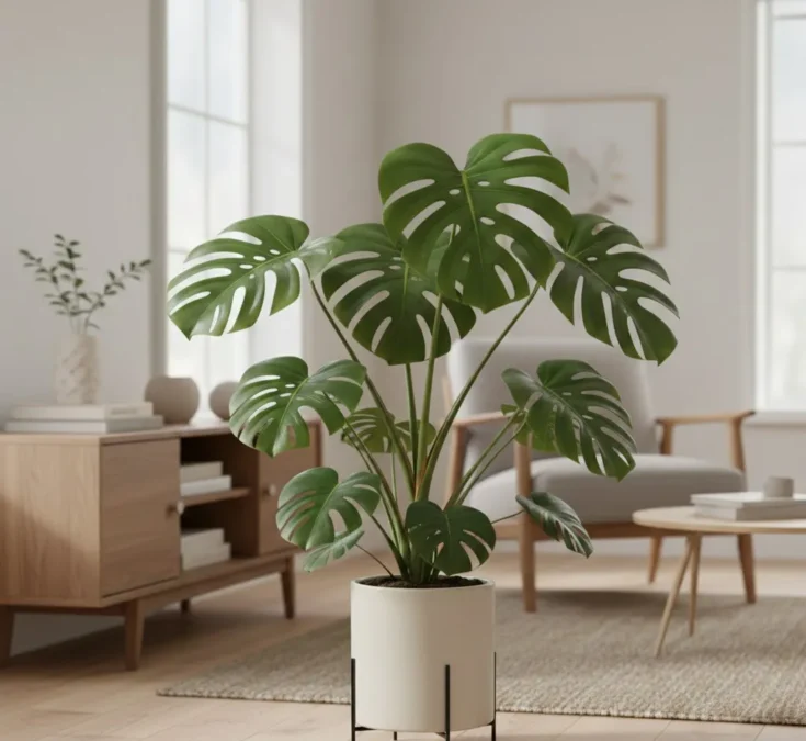 Uma exuberante planta Costela-de-adão (Monstera deliciosa) com folhas grandes e recortadas em um vaso decorativo, posicionada em uma sala de estar moderna e iluminada, com móveis de madeira clara e elementos de design minimalista.