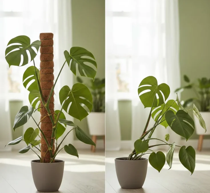 Comparação visual de uma planta Costela-de-adão com tutor de fibra de coco e outra sem, evidenciando a diferença no crescimento, tamanho e formato das folhas.