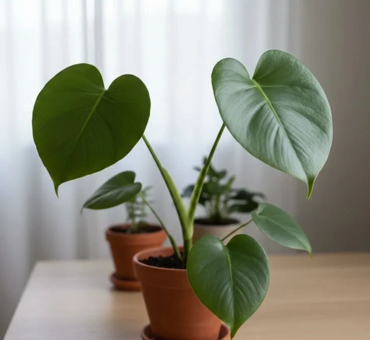 Imagem de uma Costela-de-adão jovem com folhas lisas e sem fenestrações, crescendo em um vaso simples, ilustrando a fase juvenil da planta.