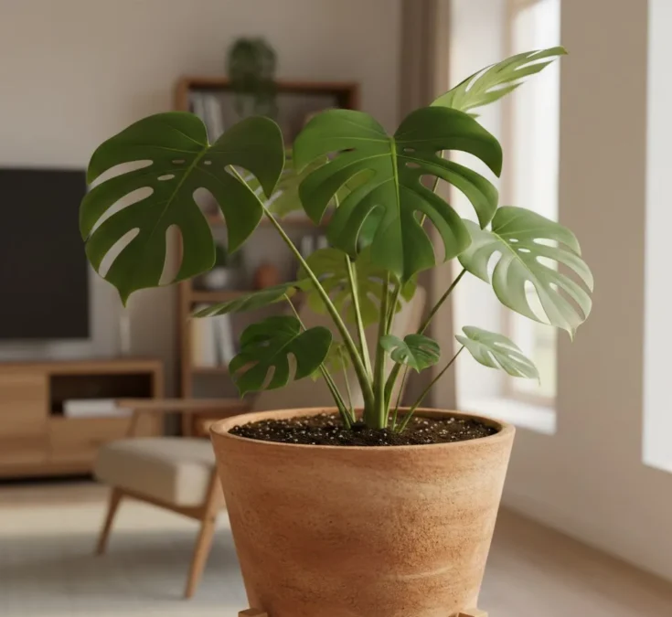 Uma exuberante planta Costela-de-adão (Monstera deliciosa) com folhas verdes vibrantes em um vaso de cerâmica, recebendo luz solar indireta, simbolizando um cuidado adequado com a rega.
