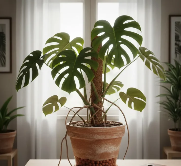 Uma exuberante planta Costela-de-adão (Monstera deliciosa) com folhas grandes e recortes característicos, crescendo em um vaso de cerâmica elegante, posicionada em um ambiente interno bem iluminado com luz indireta. A planta exibe raízes aéreas e está visivelmente saudável.