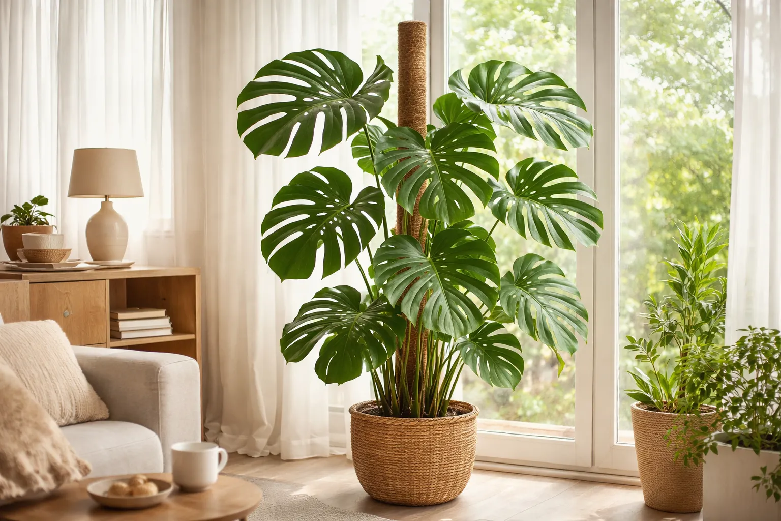 Por que minha Costela-de-adão não abre recortes nas folhas: Monstera deliciosa crescendo em vaso com tutor de coco dentro de sala clara