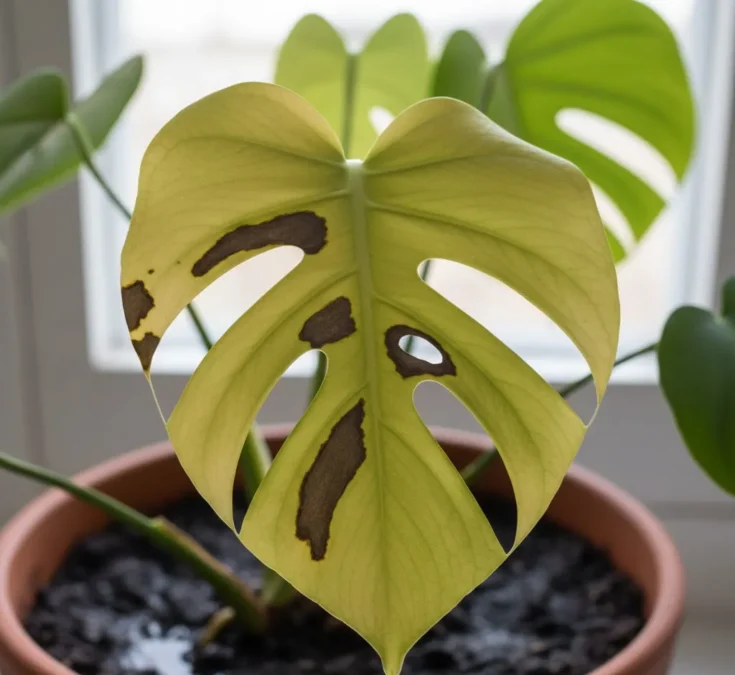 Close-up de folhas amareladas de uma Costela-de-adão, indicando rega excessiva e apodrecimento da raiz. Uma folha exibe manchas marrons.