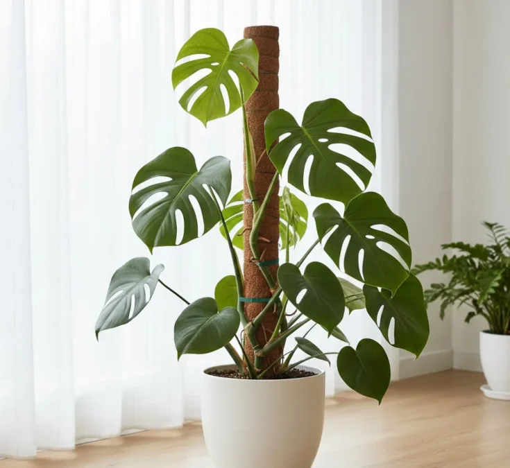 Fotografia de uma Costela-de-adão madura apoiada por um tutor de fibra de coco, com algumas folhas já apresentando recortes, demonstrando a importância do suporte para o amadurecimento.