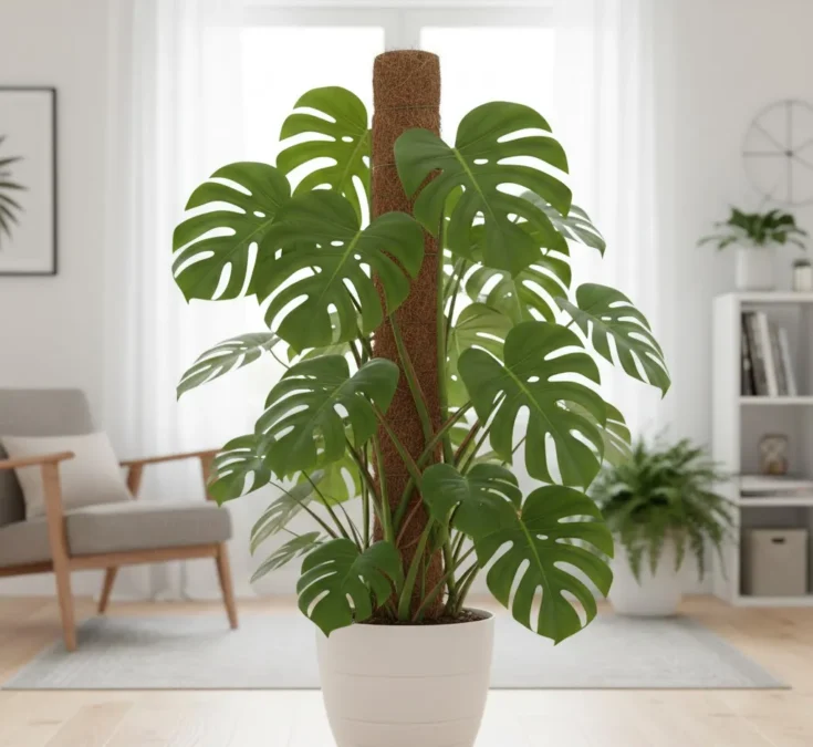 Uma planta Costela-de-adão (Monstera Deliciosa) trepando em um tutor de fibra de coco, com folhas grandes e bem desenvolvidas, ilustrando seu crescimento vertical.