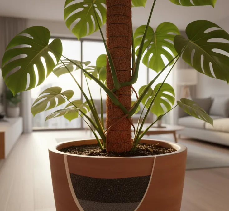 Uma Costela-de-adão crescendo em um vaso grande com um tutor de fibra de coco, mostrando suas raízes aéreas.