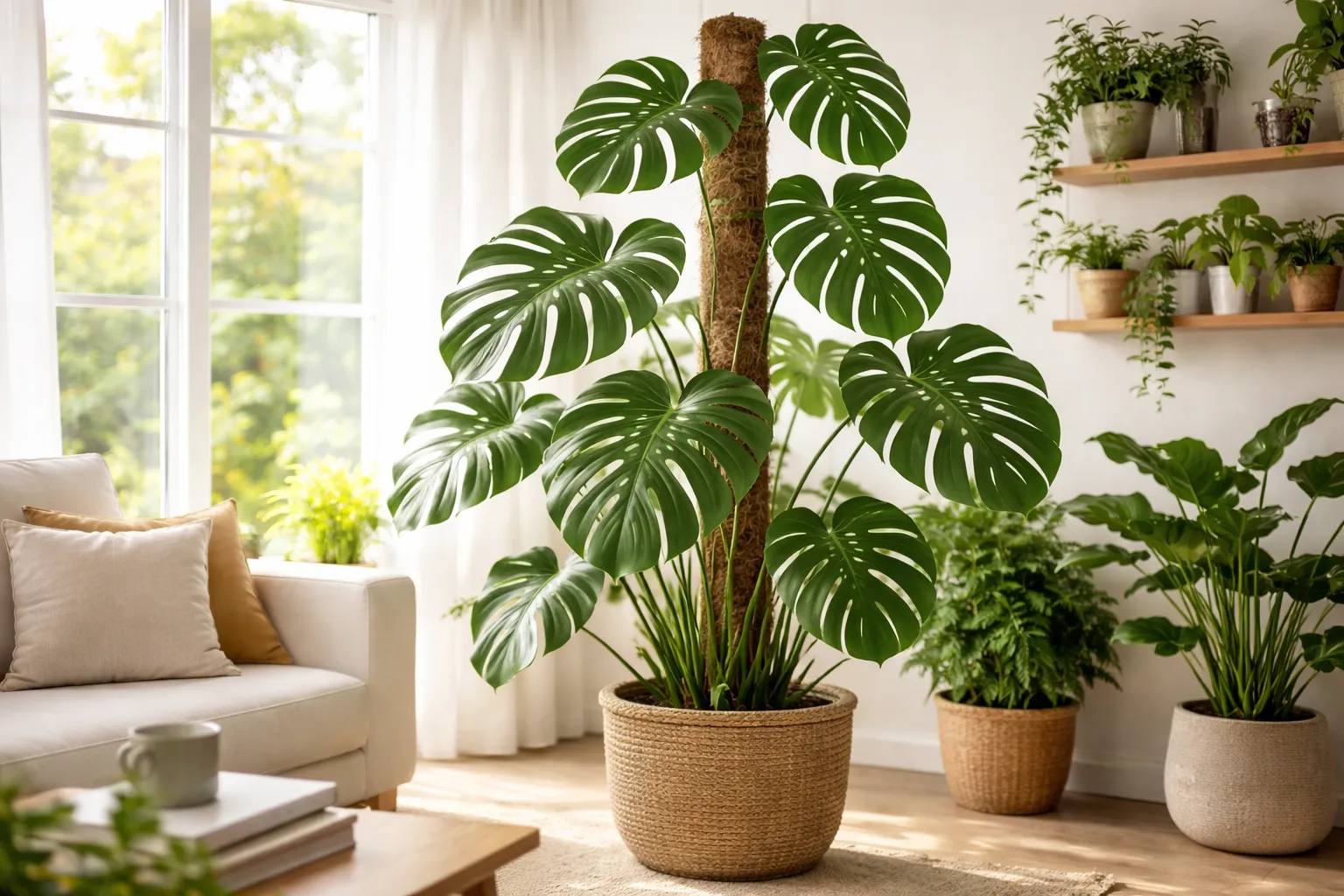 A Costela-de-adão precisa de tutor: Monstera deliciosa grande presa a tutor de fibra de coco ao lado de janela com luz indireta