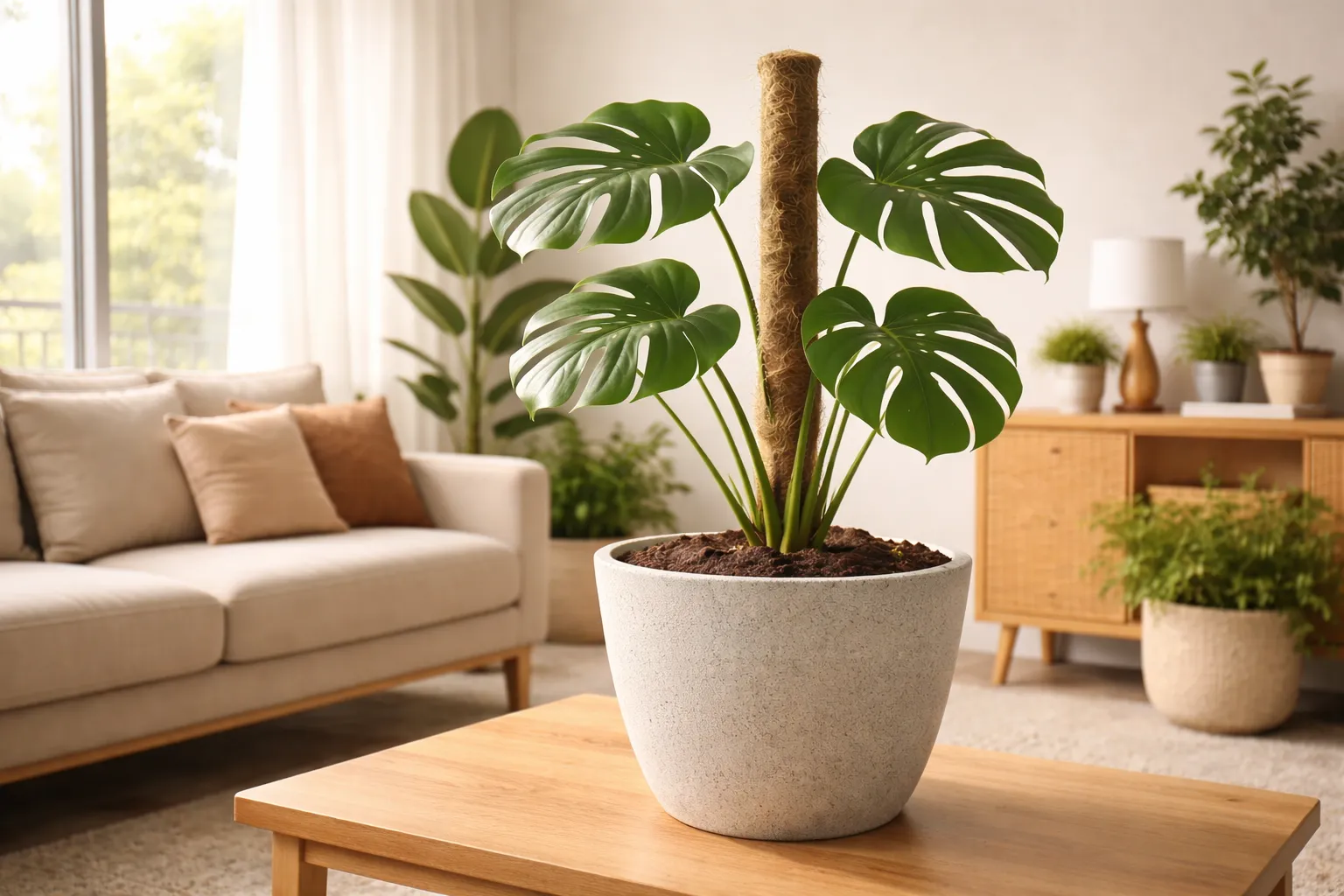 Posso cultivar Costela-de-adão dentro de apartamento: Monstera deliciosa cultivada dentro de apartamento próximo a janela clara