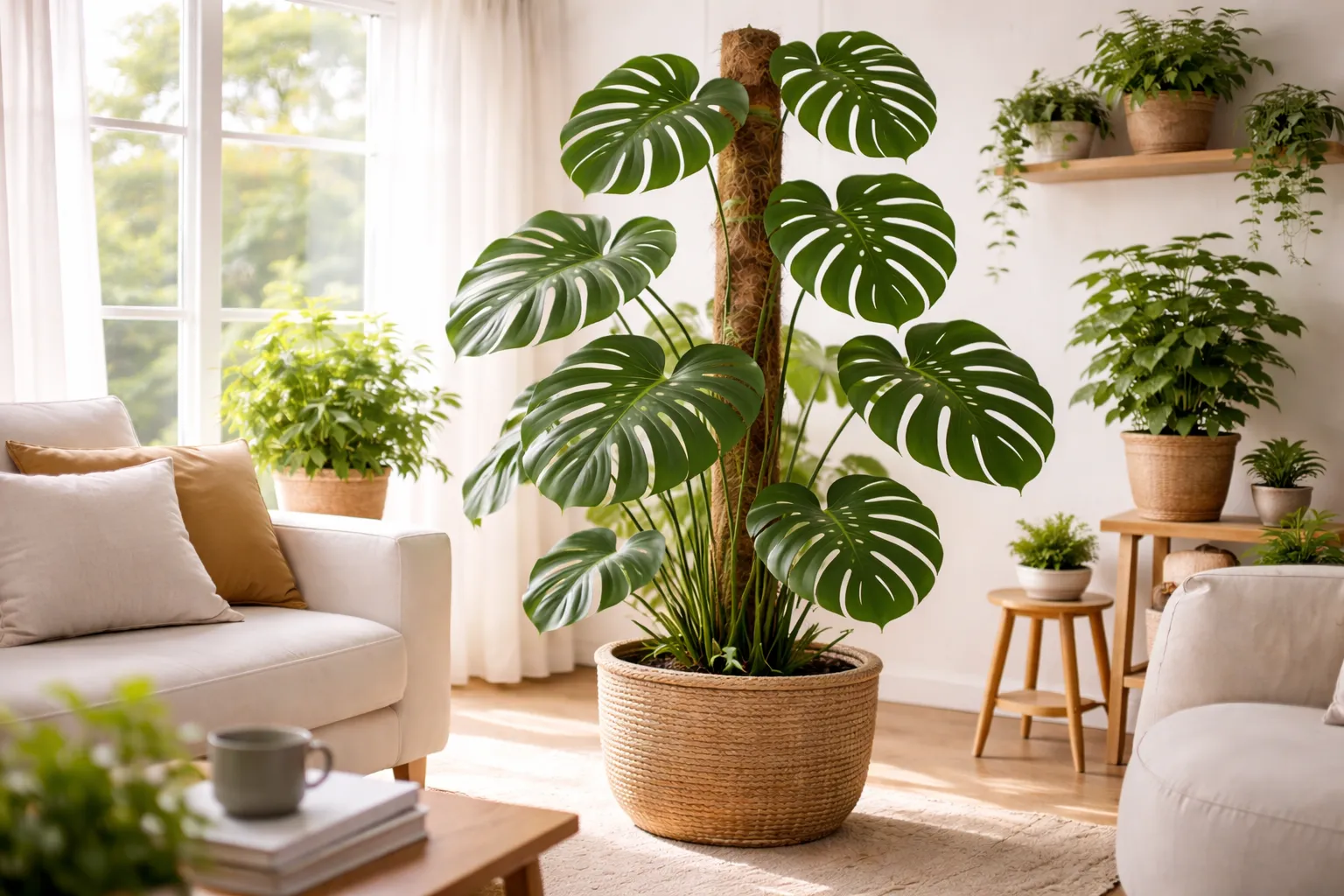 Costela-de-adão traz energia positiva: planta costela-de-adão grande em vaso dentro de sala clara com luz natural