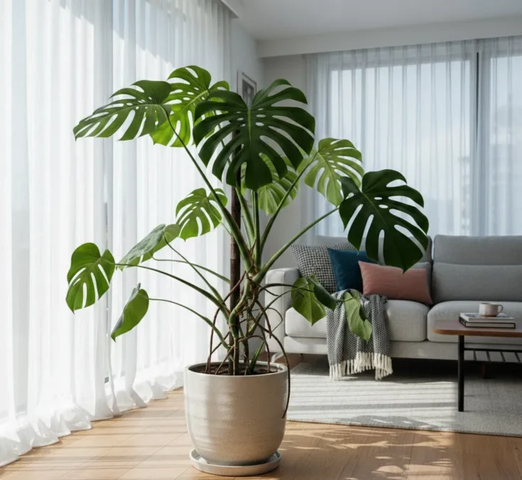 Uma exuberante Costela-de-adão (Monstera deliciosa) em vaso dentro de uma sala bem iluminada, suas folhas grandes e recortadas se destacando.