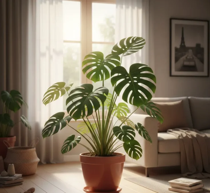 Uma exuberante planta Costela-de-adão com grandes folhas verdes em uma sala de estar bem iluminada, simulando seu habitat tropical.
