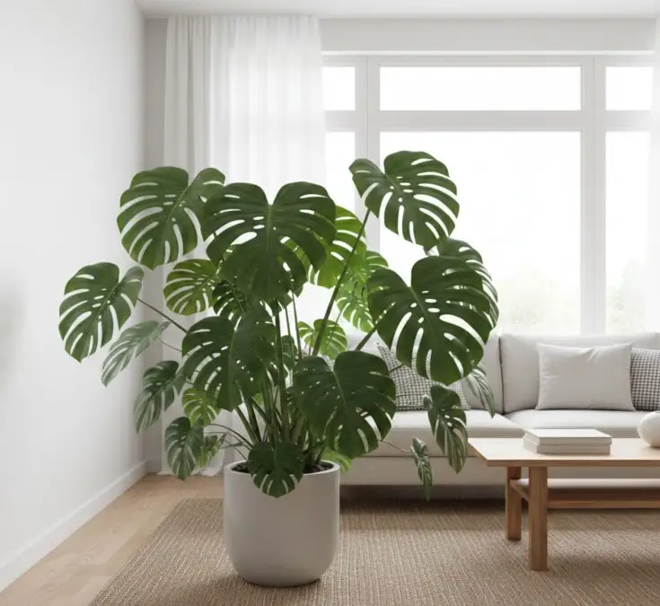 Planta Costela-de-adão (Monstera Deliciosa) em um ambiente de sala de estar bem iluminado, próxima a uma janela com luz indireta, destacando folhas verdes vibrantes e saudáveis.