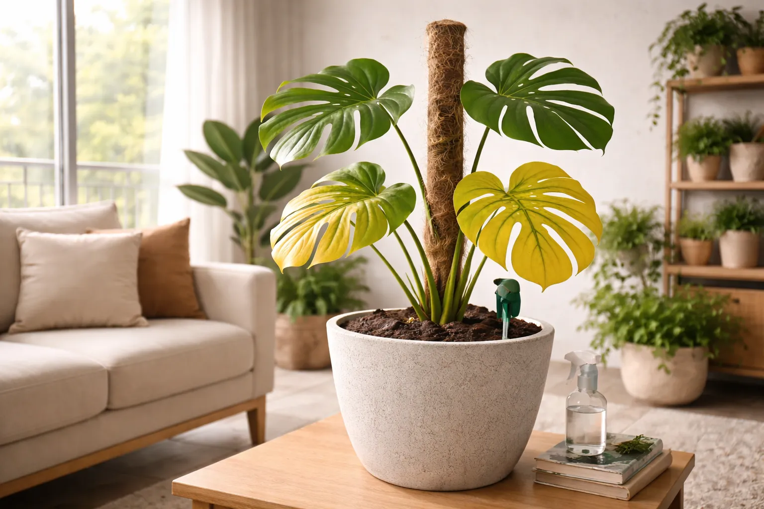 Por que as folhas da Costela-de-adão ficam amarelas: Folhas amarelas na Costela-de-adão cultivada dentro de casa