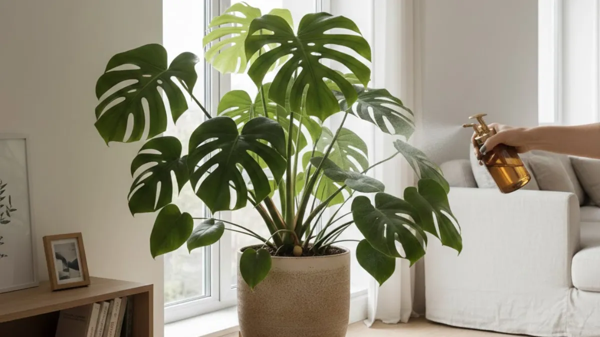 Como cuidar da Costela-de-adão no dia a dia: Planta Costela-de-adão em vaso grande próxima à janela com luz indireta em ambiente interno moderno