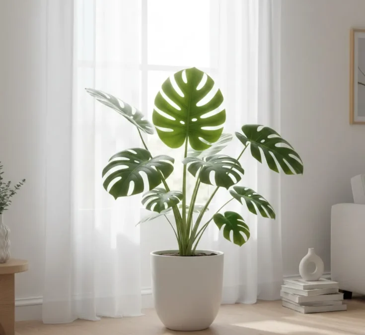 Uma bela Costela-de-adão (Monstera deliciosa) com folhas grandes e recortadas, posicionada perto de uma janela com luz indireta abundante, ilustrando o cuidado com a iluminação.