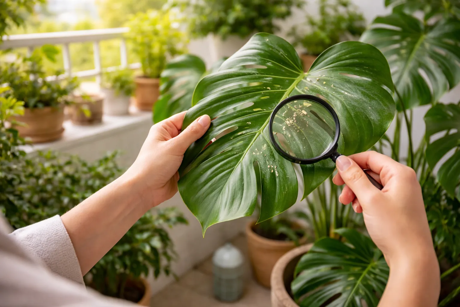 A Costela-de-adão atrai pragas: Folha de costela-de-adão sendo examinada para verificar presença de pragas