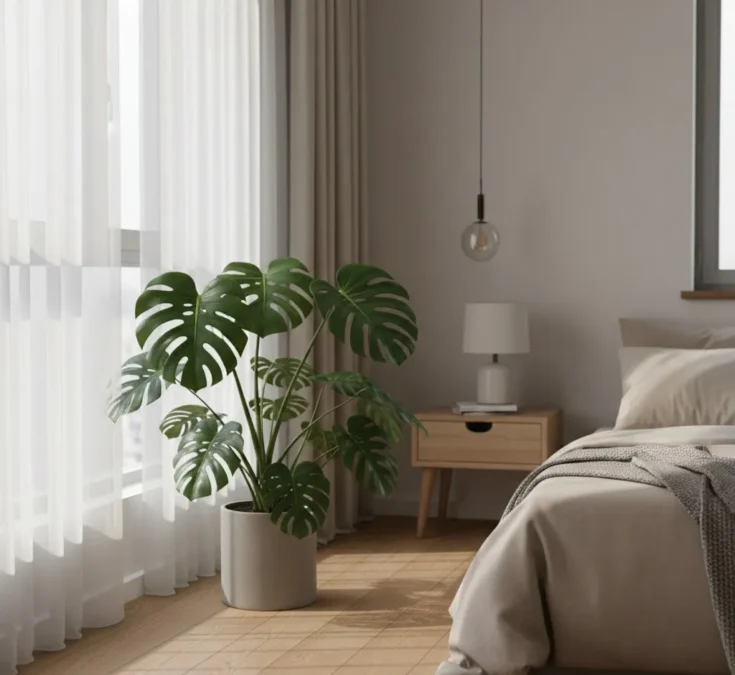 Uma Costela-de-adão saudável em um quarto bem iluminado, posicionada perto da janela com luz indireta, suas folhas vibrantes adicionando um toque de natureza.