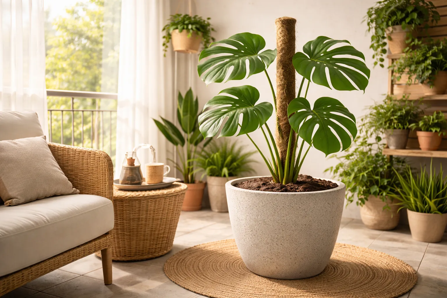 A Costela-de-adão pode ficar no sol direto: Monstera deliciosa em vaso grande recebendo luz indireta em varanda coberta